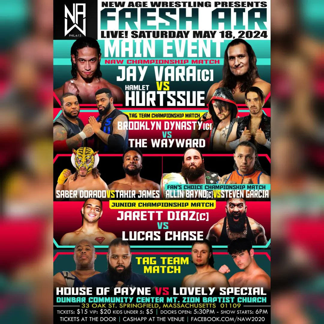 Coliseum Pro Wrestling (@coliseumpro_cpw) on Twitter photo Check out our friends <a href="/NAW_PRO/">New Age Wrestling</a> their next event #FreshAir is On Saturday May 18th 4 Huge Championship Matches & More
#live from Dunbar Community Center {33 Oak St. Springfield,MA}
Doors:5:30pm
Bell Time:6pm
Tickets @ The Door
VIP Seating:$20
General Admission:$15
Kids{⬇️5}:$5 Check out our friends <a href="/NAW_PRO/">New Age Wrestling</a> their next event #FreshAir is On Saturday May 18th 4 Huge Championship Matches & More
#live from Dunbar Community Center {33 Oak St. Springfield,MA}
Doors:5:30pm
Bell Time:6pm
Tickets @ The Door
VIP Seating:$20
General Admission:$15
Kids{⬇️5}:$5