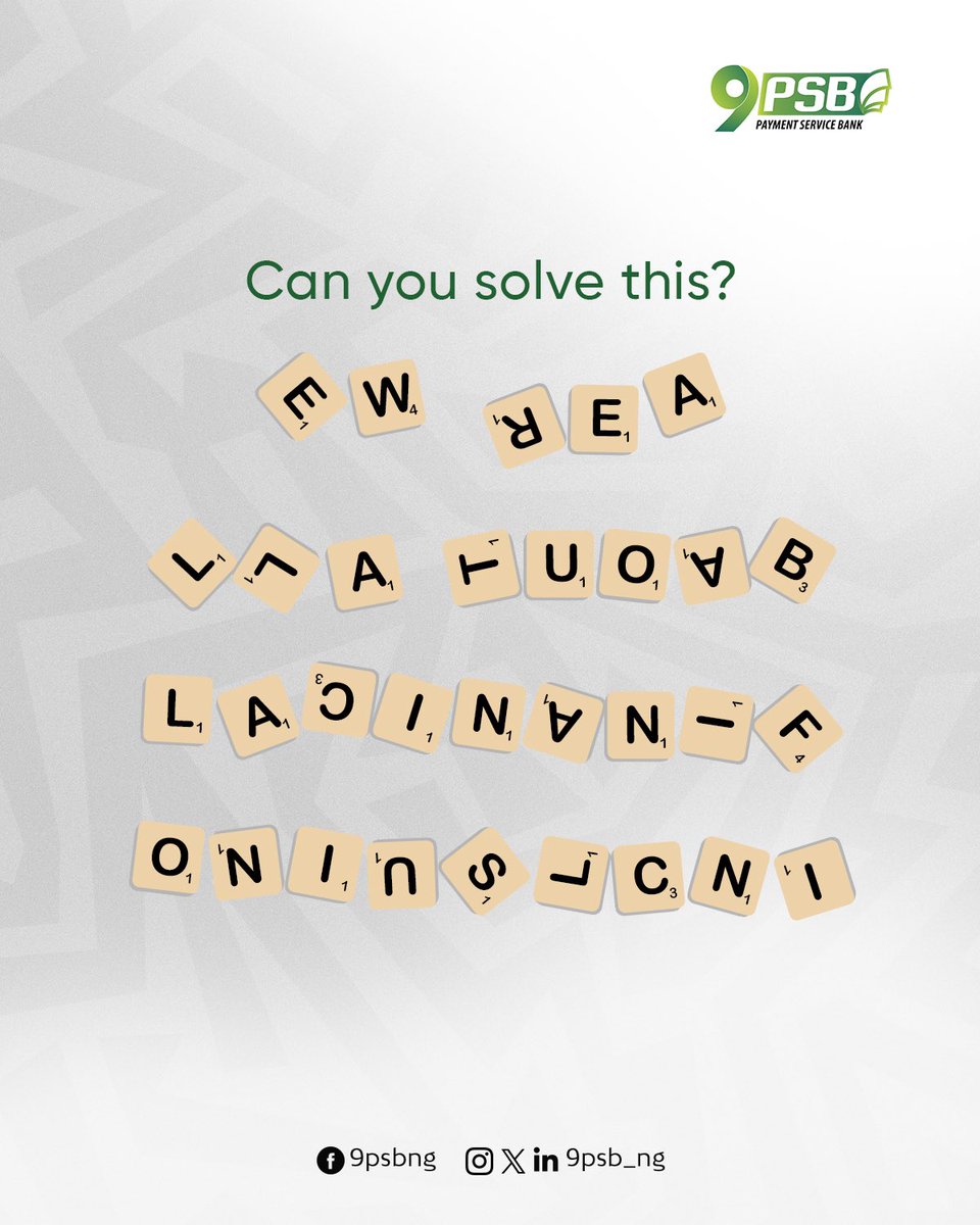 Unscramble the words and tell us in the comment section 😃
.
.
.
.
#9PSB
#Bank9ja
#Bankforall
#FinancialInclusion
#OnaMissionToBank9ja