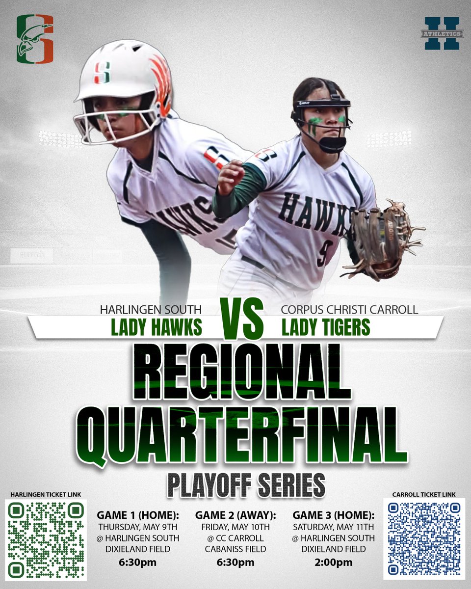 🚨Updated Flyer🚨 Please come out and support our Lady Hawks as they face CC Carroll this Thursday, Friday, and Saturday (if necessary) for the Regional Quarterfinal Title!