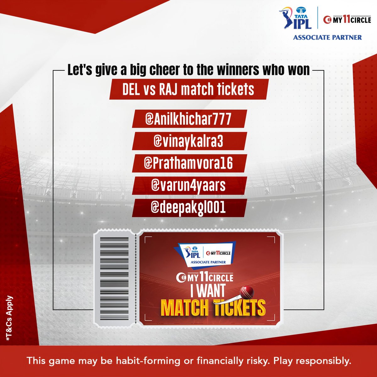 Tickets in hand! 🎟️ Ready for the match-day thrill! 
Follow us for more exciting contests. 

#My11Circle #My11CircleIWantMatchTickets #Contest