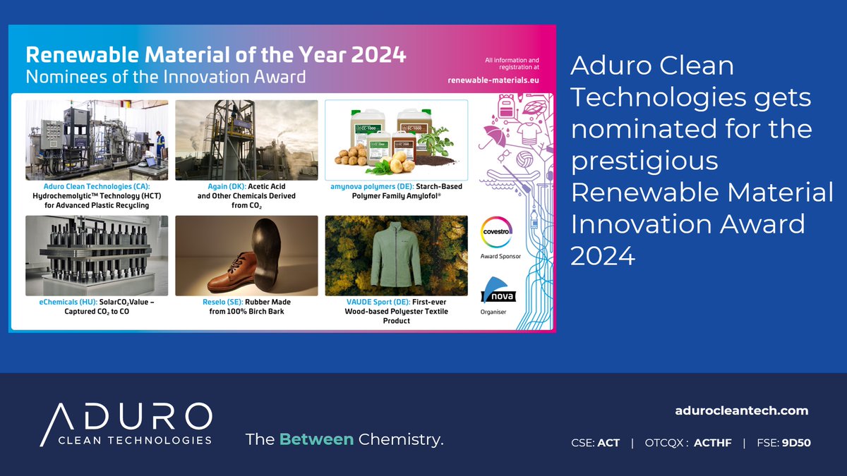 Very excited to share that next month we'll be presenting our game-changing #chemicalrecycling tech at the Renewable Materials Conf as one of 6 nominees for the Innovation Award 2024! loom.ly/7e4anOE @novaInstitut #circulareconomy #AduroCleanTech #TheBetweenChemistry