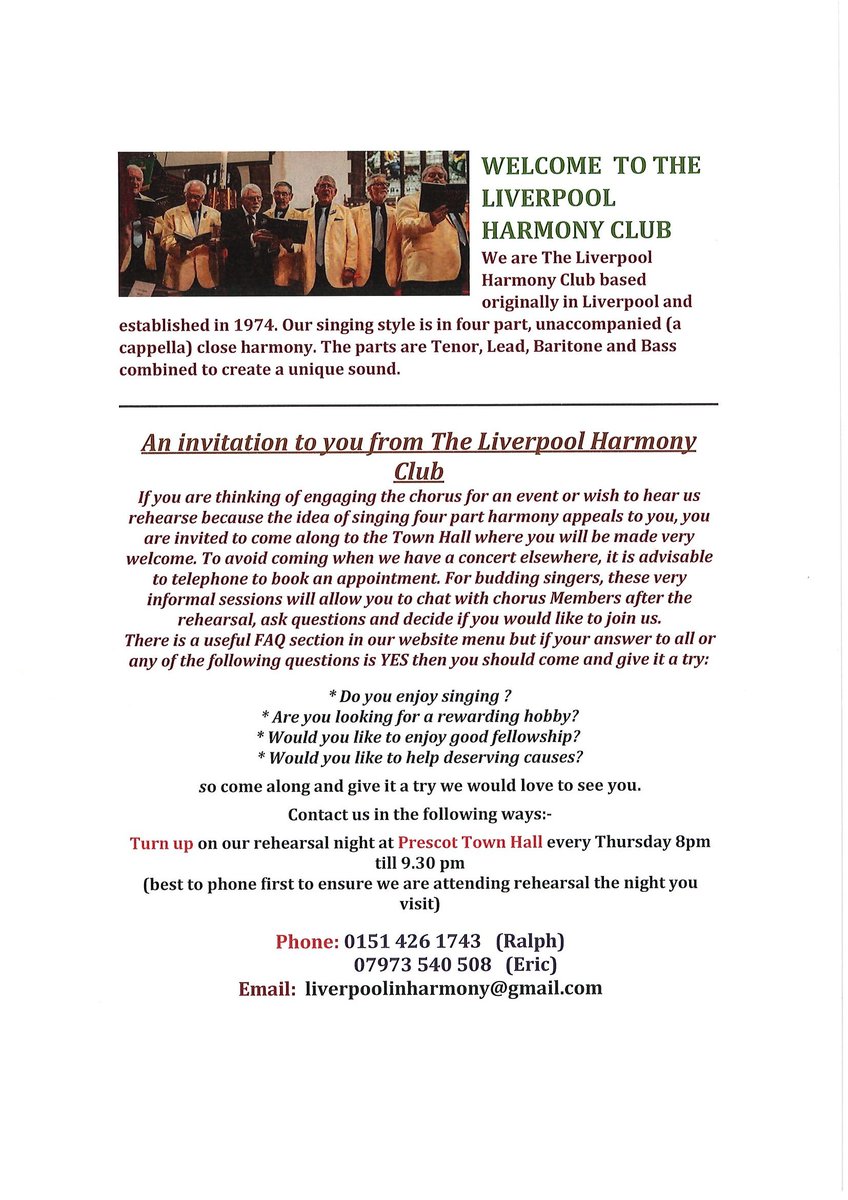 The Liverpool Harmony Club are currently looking for more members to join the club. They rehearse at Prescot Town Hall every Thursday from 8pm - 9.30pm. Please get in touch with Ralph or Eric if you are interested or want more information. liverpoolinharmony.co.uk