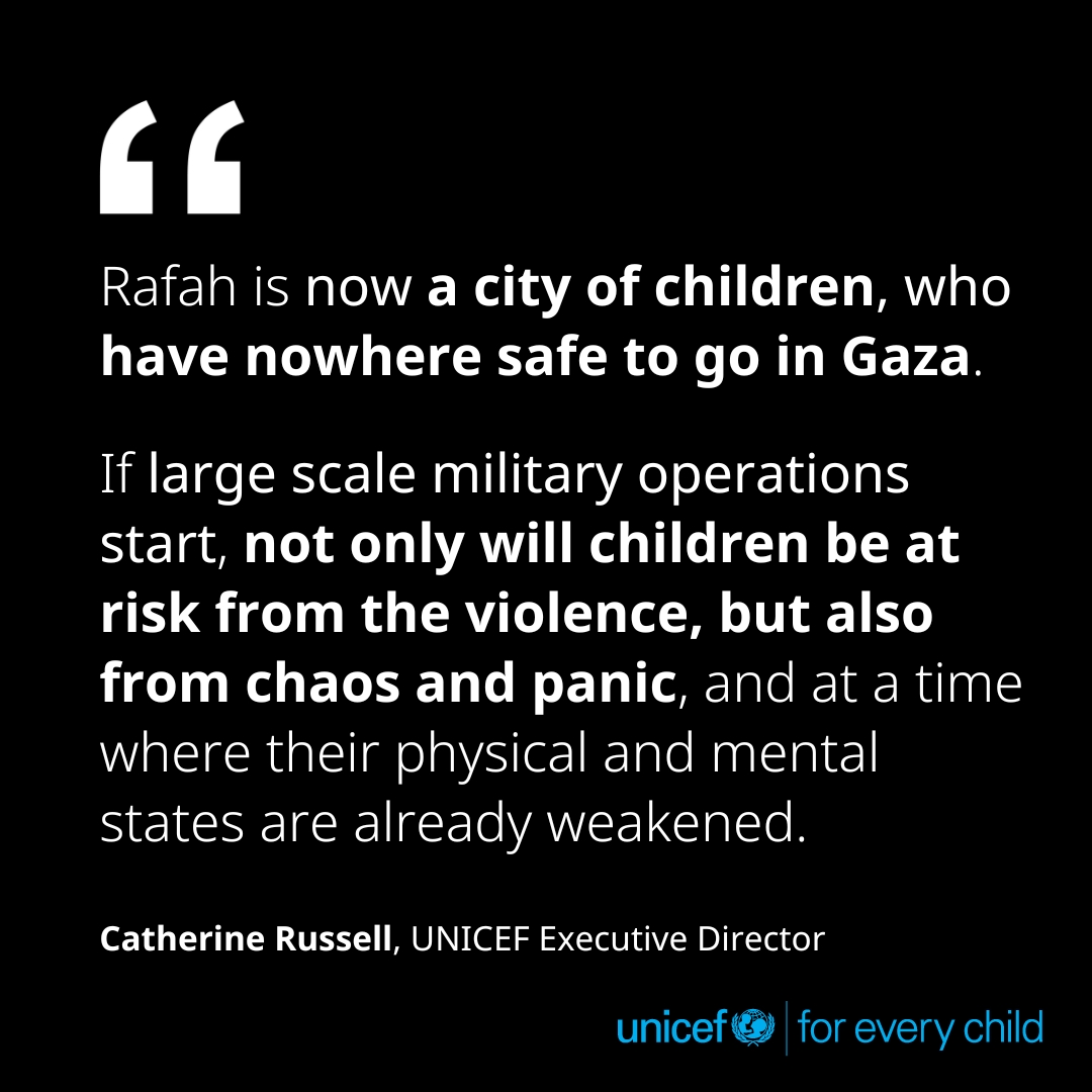 There is nowhere safe to go for the 600,000 children of #Rafah. UNICEF calls for children to not be forcibly relocated, and the vital infrastructure on which children rely to be protected. Children need an immediate ceasefire. bit.ly/3y1miLo