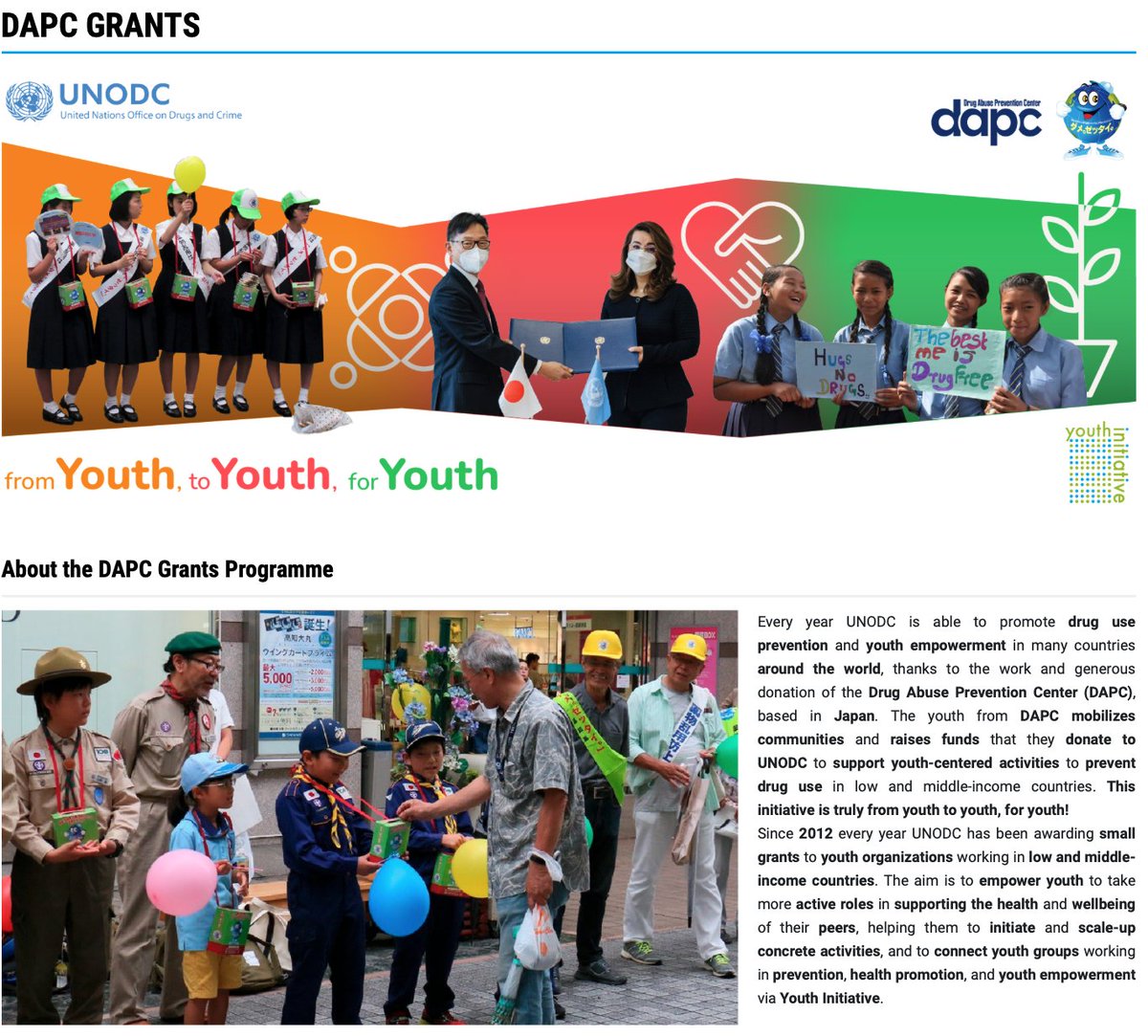 .@UNODC #DAPC Grants aims to directly support youth-centred prevention initiatives: ▶️raise awareness 🗣️ ▶️prevent substance use 💊 ▶️support youth as agents of change 🤝 Follow the link to learn more about the grants: 🔗is.gd/jPZnvv @dapc_damezettai @JapanMissionVie