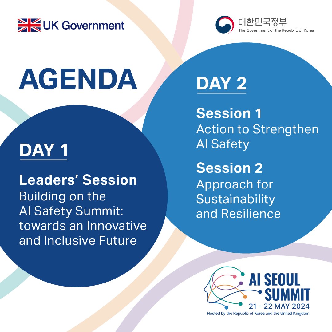 📢 #AISeoulSummit agenda confirmed 📢 The Summit will unite countries & companies from around the world to continue conversations on AI safety, how to further advance innovation, and how to make sure we harness its benefits for everyone🌍 Full agenda: gov.uk/government/pub…