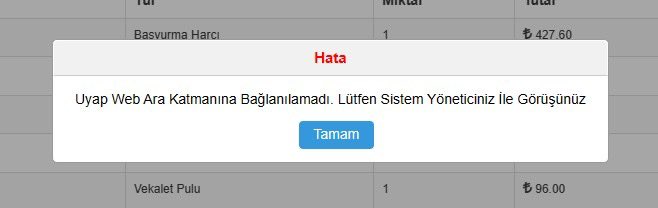 UYAP’ta idari dava açarken sorun yok ama ne zaman parayı yatırmaya sıra gelse aşağıdaki uyarıyı veriyor. Sonra işin yoksa kalk git adliyeye vezneden öde. Sorup öğrendiğim bir süredir devam eden bir sorunmuş. Bir an evvel çözüme kavuşur umarım. @adalet_bakanlik @TBBbilisim