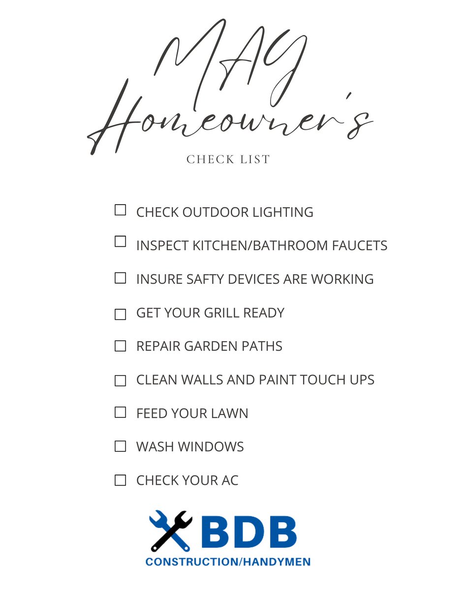 Homeowner's checklist for May!   #construction #homeimprovement #homeimprovements #landscaping #handymen #pa #pennsylvania #allentown #allentownpa #eastonpa #bethlehem #bethlehempa #electrical #driveway #wallrepair #painting #constructionlife #remodeling #kitchenremodel