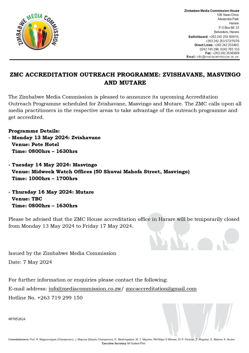 📢Calling all media practitioners in Zvishavane, Masvingo, and Mutare! Don't miss out on the upcoming Accreditation Outreach Programme Please note that the venue in Mutare will be confirmed in due course #ZMC #mediaaccreditation