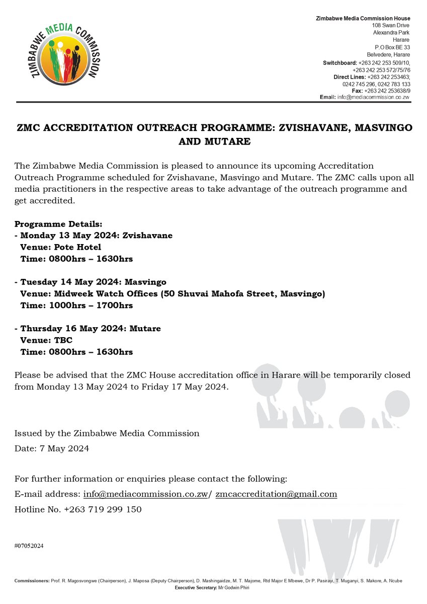 📢Calling all media practitioners in Zvishavane, Masvingo, and Mutare!  
Don't miss out on the upcoming Accreditation Outreach Programme 
Please note that the venue in Mutare will be confirmed in due course

#ZMC #mediaaccreditation