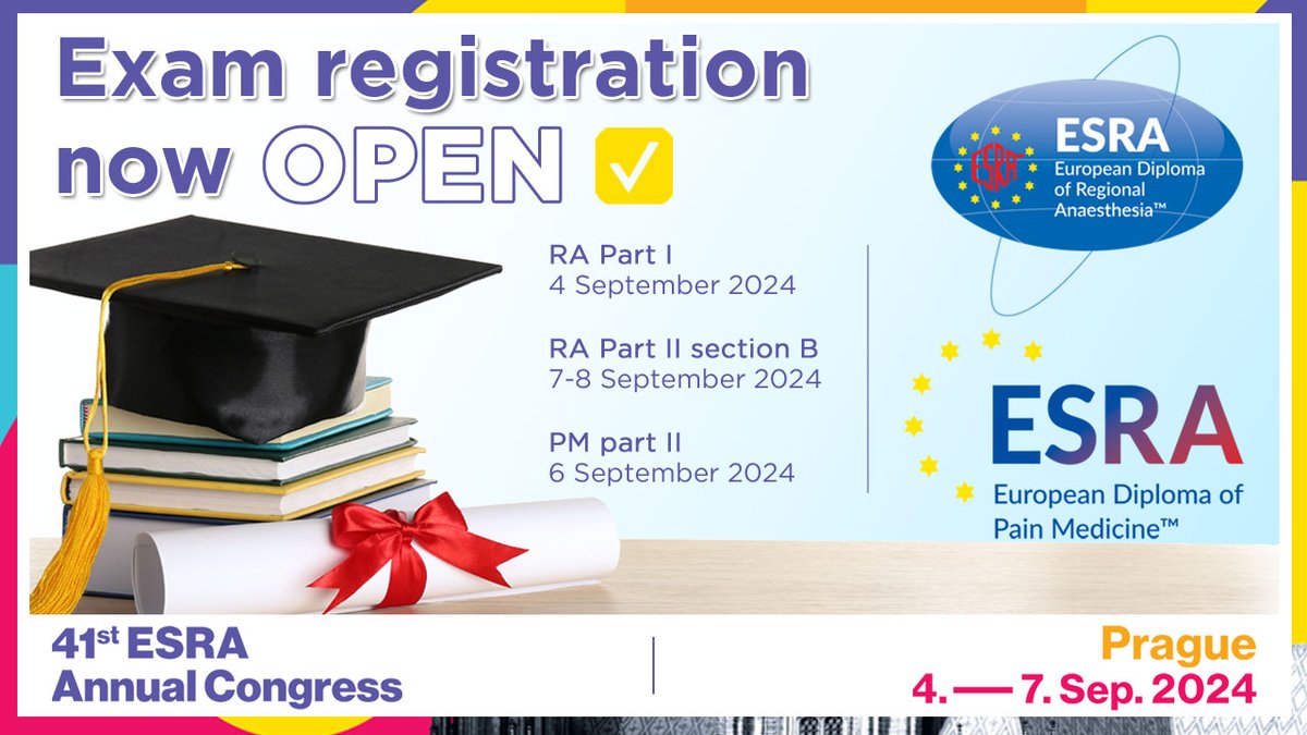 📢 Registration is OPEN for the exams taking place during the #ESRA2024! 🇨🇿 💥 Apply now & join us at the best congress on Regional Anaesthesia & Pain Medicine 👉 All info: esraeurope.org/diplomas 🎓 RA Part I | 4 Sept 🎓 RA Part II section B | 7-8 Sept 🎓 PM Part II | 6 Sept