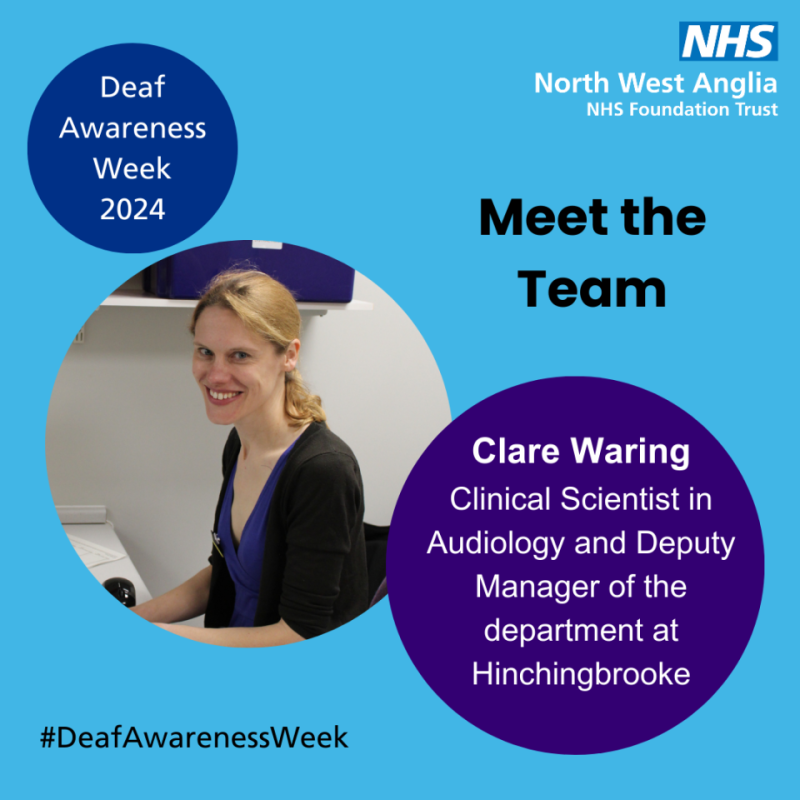 For #DeafAwarenessWeek, meet some of our Audiology team! Clare, Clinical Scientist and Deputy Team Manager, sees children for hearing tests (often with fun listening games), sees people who wear hearing aids, and provides tinnitus support! Thanks Clare! 😁💙#TeamNWAngliaFT