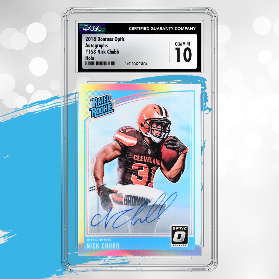 #CardOfTheDay! 🏈💥 2018 Donruss Optic Rated Rookie Nick Chubb Holo Autograph was recently authenticated and graded a CGC Gem Mint 10! Do you believe #NickChubb will make a significant comeback for the #ClevelandBrowns this upcoming season? Let us know in the comments!