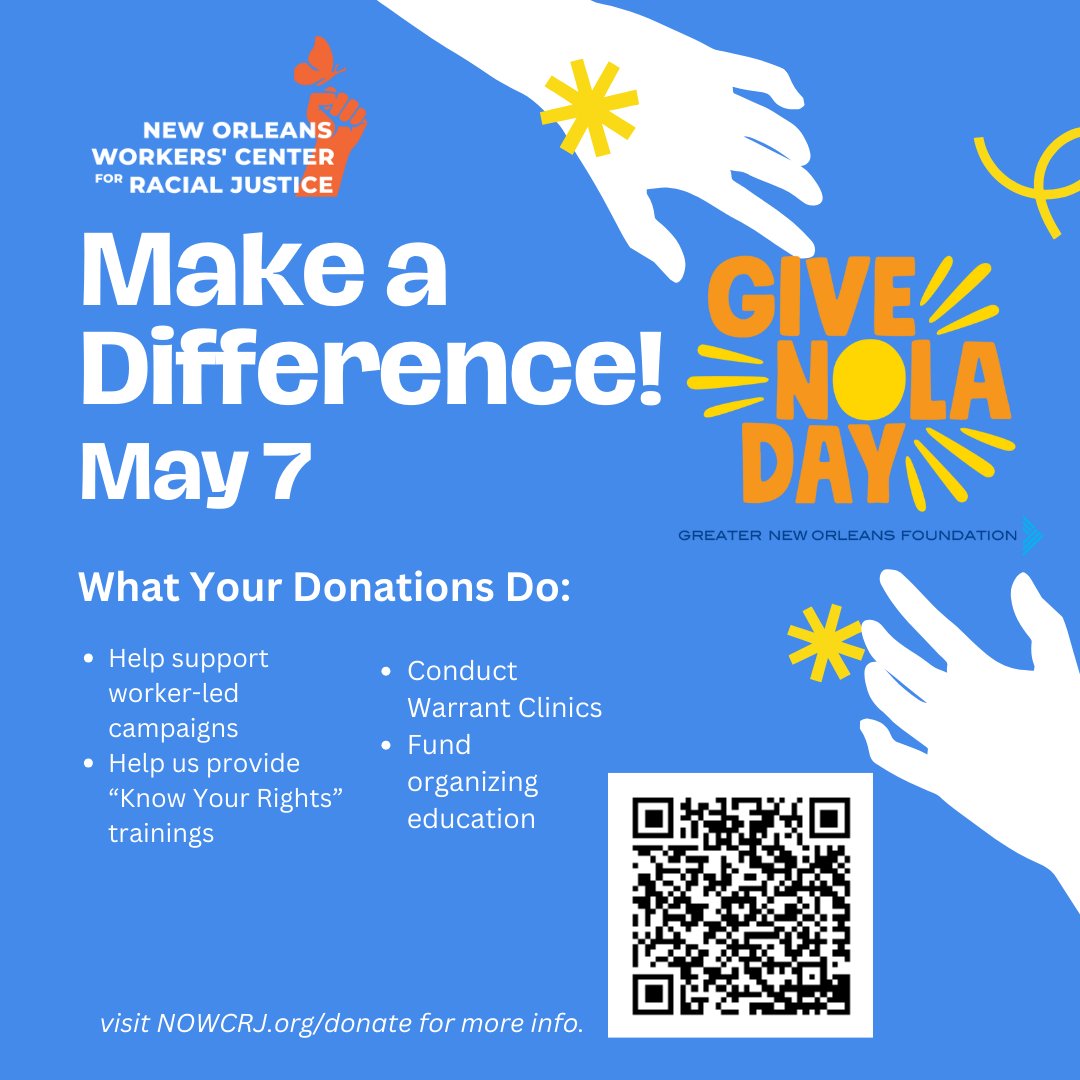 🌟 It's GiveNOLA Day! Join us in supporting NOWCRJ as we advocate for the rights and well-being of New Orleans' hardworking individuals. Your donation today makes a real difference in our community! #GiveNOLADay #SupportWorkers ow.ly/aK6J50Ry6R9