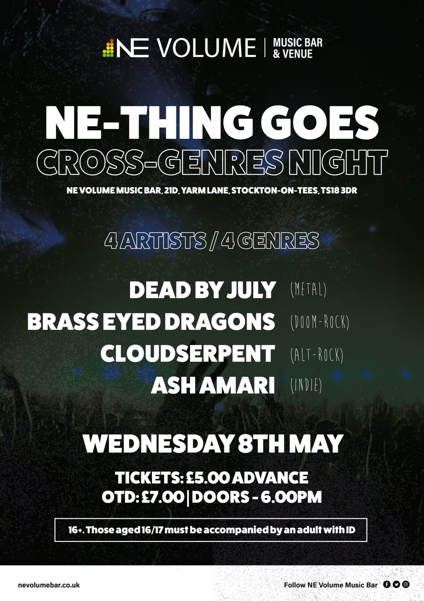 We love mixing things up every Wednesday. This week’s NE-Thing Goes Cross-Genres Night features Dead By July (metal), Brass Eyed Dragons (doom-rock), Cloudserpent (alt-rock) and Ash Amari (indie). Tickets: seetickets.com/event/ne-thing…