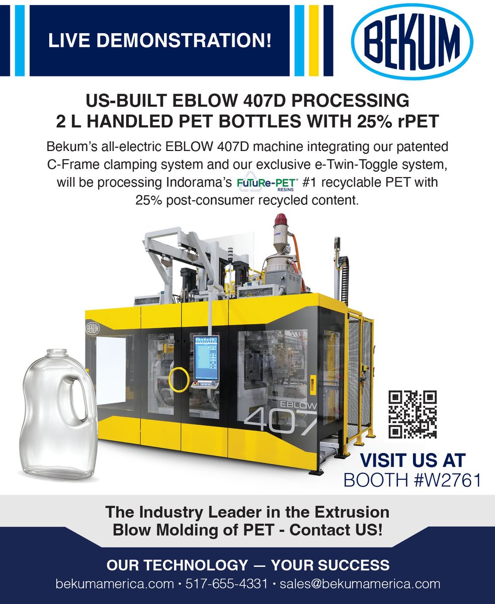 Don't miss the live demonstration of the US-built all-electric E-Blow 407D at booth #W2761!

#bekumamerica #bekum #NPE2024 #tradeswork #blowmolding #plastics #plasticsmanufacturing #technology