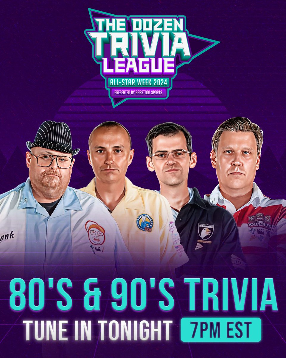 🚨 TONIGHT 🚨 All-Star Week kicks off with our 80’s & 90’s Trivia Duel featuring @BFW & @kirkmin taking on @NjTank99 & @ChrisKlemmer at 7|6c… Predictions? 📺: barstool.link/the-dozen-triv…