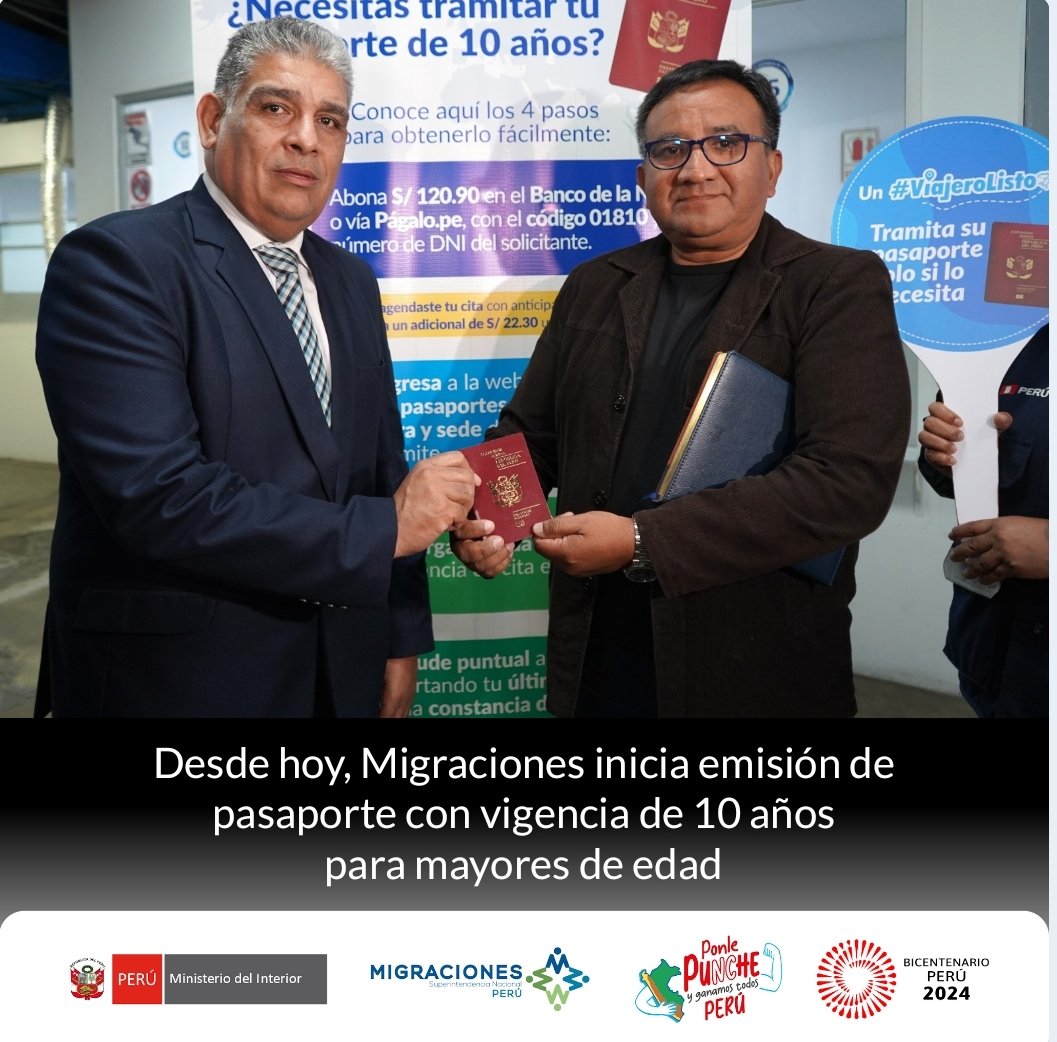 #MigracionesPerú | Hoy iniciamos la emisión del pasaporte con vigencia de 10 años para mayores de edad, el cual tiene un costo de S/ 120.90, y se emite en todas las jefaturas zonales, Agencias Migratorias y Centros MAC a nivel nacional. 

#NotaDePrensa ➡️ gob.pe/institucion/mi…