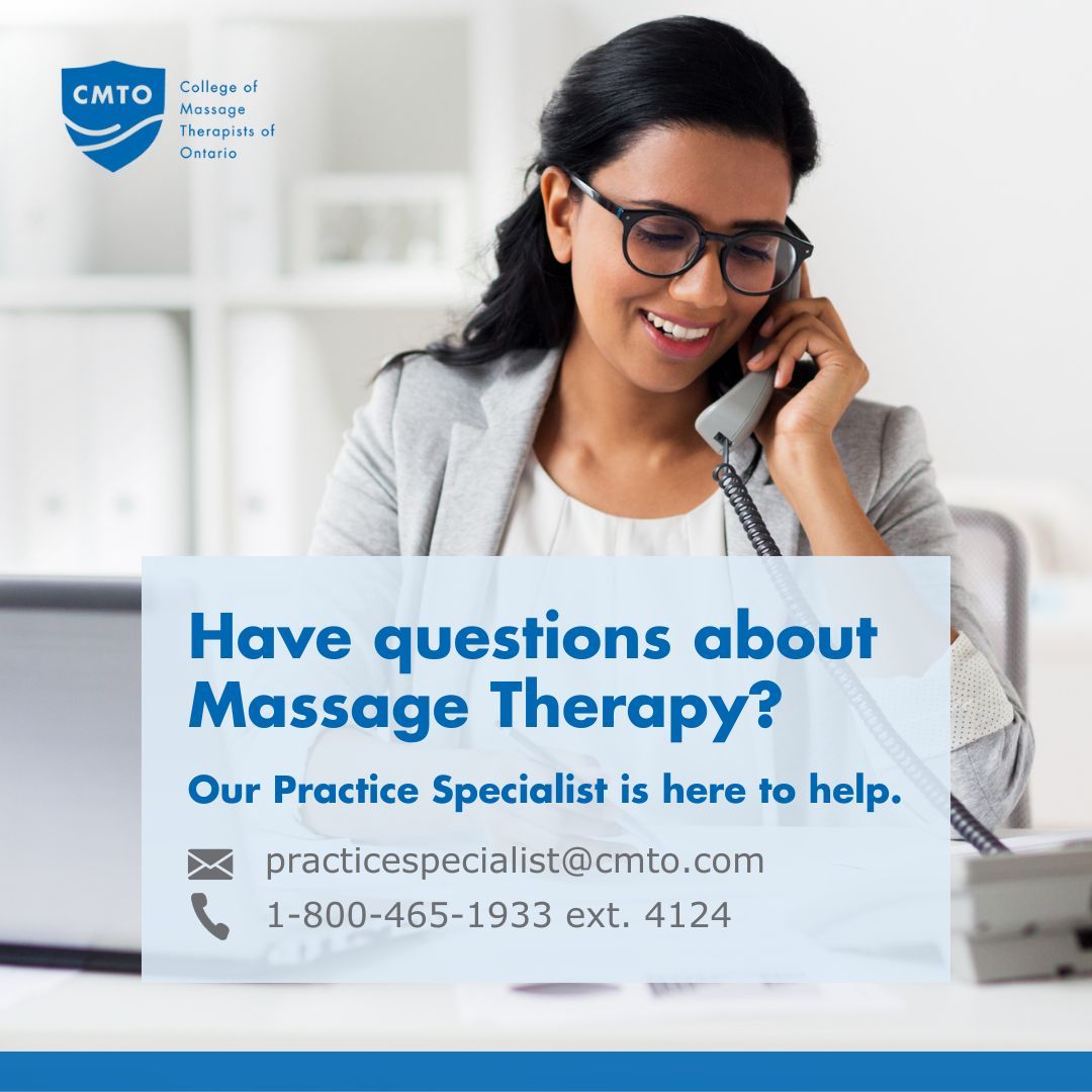 Do you have questions about your #MassageTherapy care? Are you an RMT seeking practice guidance? Our Practice Specialist is here to help! Email practicespecialist@cmto.com or call 1-800-465-1933 ext. 4124