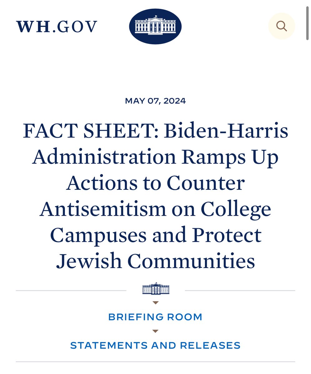 NEW: The @WhiteHouse announced new actions today to counter antisemitism on college campuses and Jewish communities, including: -@usedgov Dear Colleague Letter to Universities on Title VI -@DHSgov online campus safety hub -@StateSEAS working to address antisemitic content online