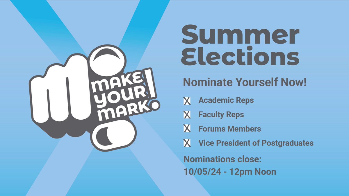 Fancy becoming a... ☑️ Academic Reps ☑️ Faculty Reps ☑️ Forums Members ☑️ Vice President of Postgraduates 👉Find out more about the roles and nominate yourself now at warwicksu.com/nominate Nominations close Friday 10th May at 12pm Noon ⏰