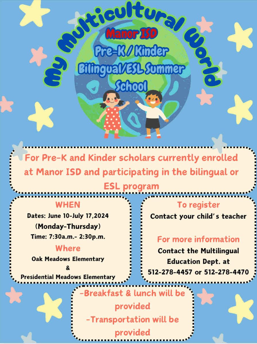 It’s time to register for PreK/Kinder Bilingual/ESL Summer School!☀️✏️  Eligibility: Pre-K and Kinder scholars currently enrolled at Manor ISD and participating in the bilingual or ESL program  📞Contact your scholar’s teacher to register.