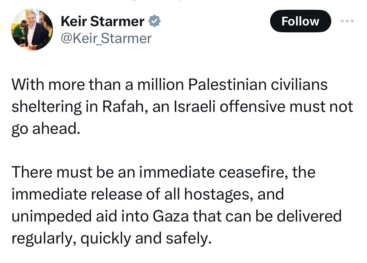 The time for calling for just a two way ceasefire was months and months ago @keirstarmer Now it is time to use political pressure to move Netanyahu to peace It’s time to stop selling arms To boycott, divest and sanction