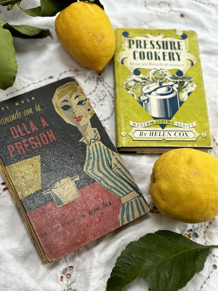 Two pressure cooker cookbooks from the mid 1950s, when the pressure cooker was considered a glamorous and time- and energy saving device (to me, it still is). One of the books is English and one is Spanish…