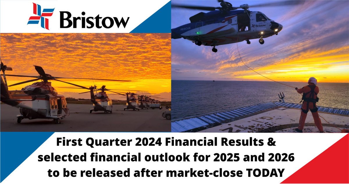 Bristow will release its first quarter 2024 earnings after market close TODAY. In connection with the release, Bristow has scheduled a conference call for tomorrow, Wednesday, May 8, 2024, to begin at 10 a.m. ET (9 a.m. CT). Investors may participate by using the following link,…
