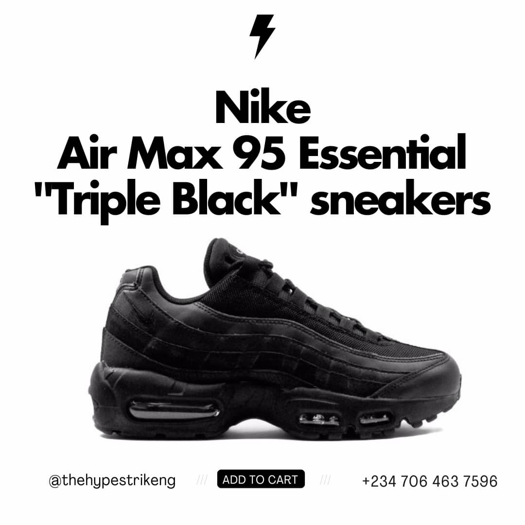 Air Max 95 Essential 'Triple Black' sneakers Composition Outer: Leather 100%, Nylon 100% Lining: Polyester 100% Sole: Rubber 100% 40-46 Price: NGN 77,000 #sneakerheads #sneakersaddict #sneakers #explore #trending #trendingnow #gym #sportstyle #sports #retail #onlineshopping
