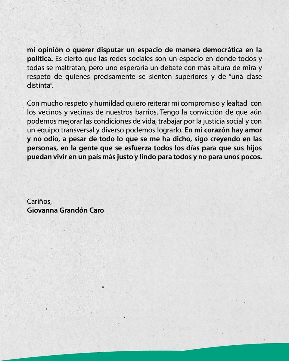 ✉️ Carta abierta para la ciudadanía de nuestra candidata Giovanna Grandón (@BailapikachuO) ante las expresiones de odio. 

#CandidaturaPopular #PartidoPopular