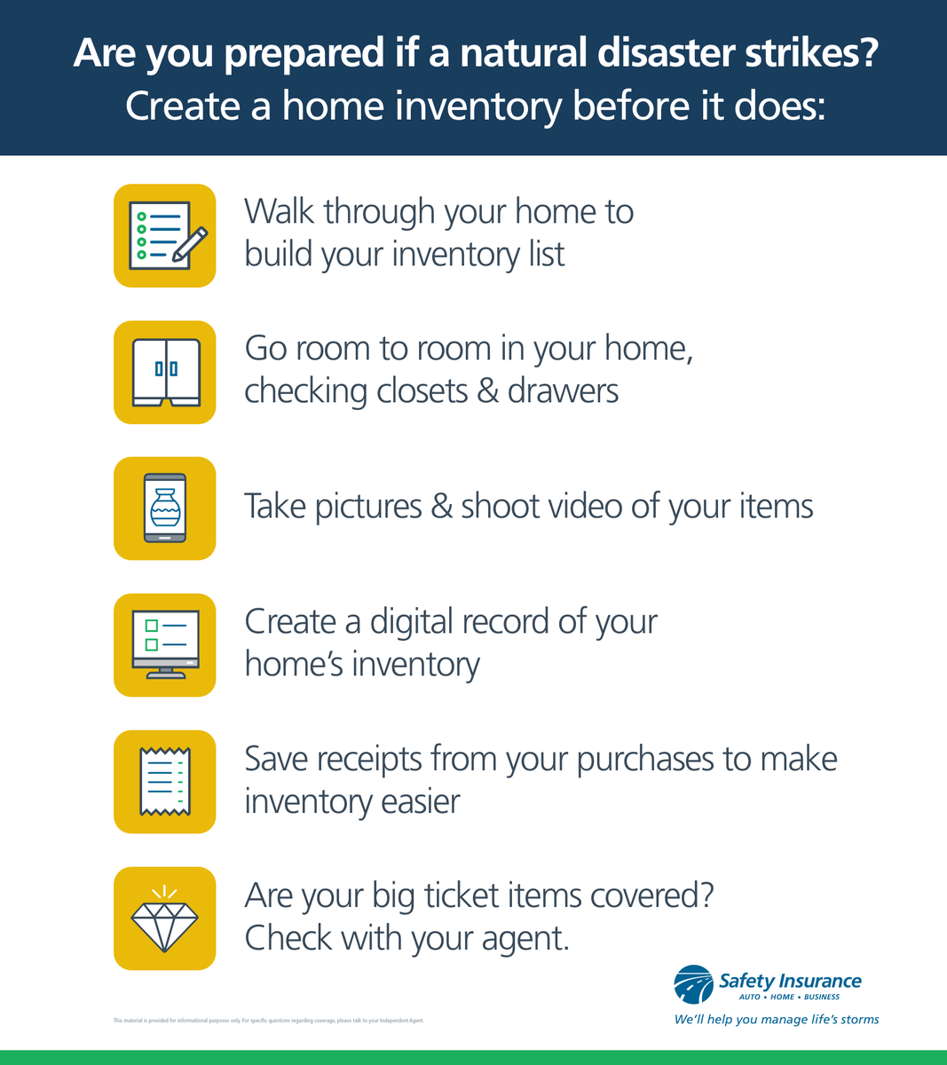 To participate in #HurricanePreparednessWeek, consider creating a home inventory list to help protect yourself if a natural disaster strikes. #HurricanePrep #PrepareNow #ManageLifesStorms