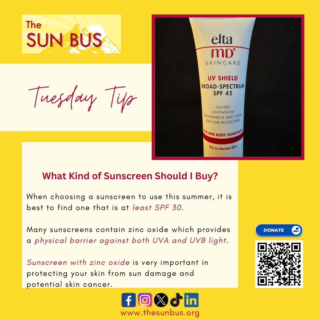 🚨 Tuesday Tip: Don't settle for less than SPF 30 when choosing sunscreen! Look for zinc oxide in your sunscreen for added protection against both #UVA and #UVB light. Stay sun-smart and prioritize your skin's health! #SunscreenTips #SkinProtection #TuesdayTip #TheSunBus ☀️🧴