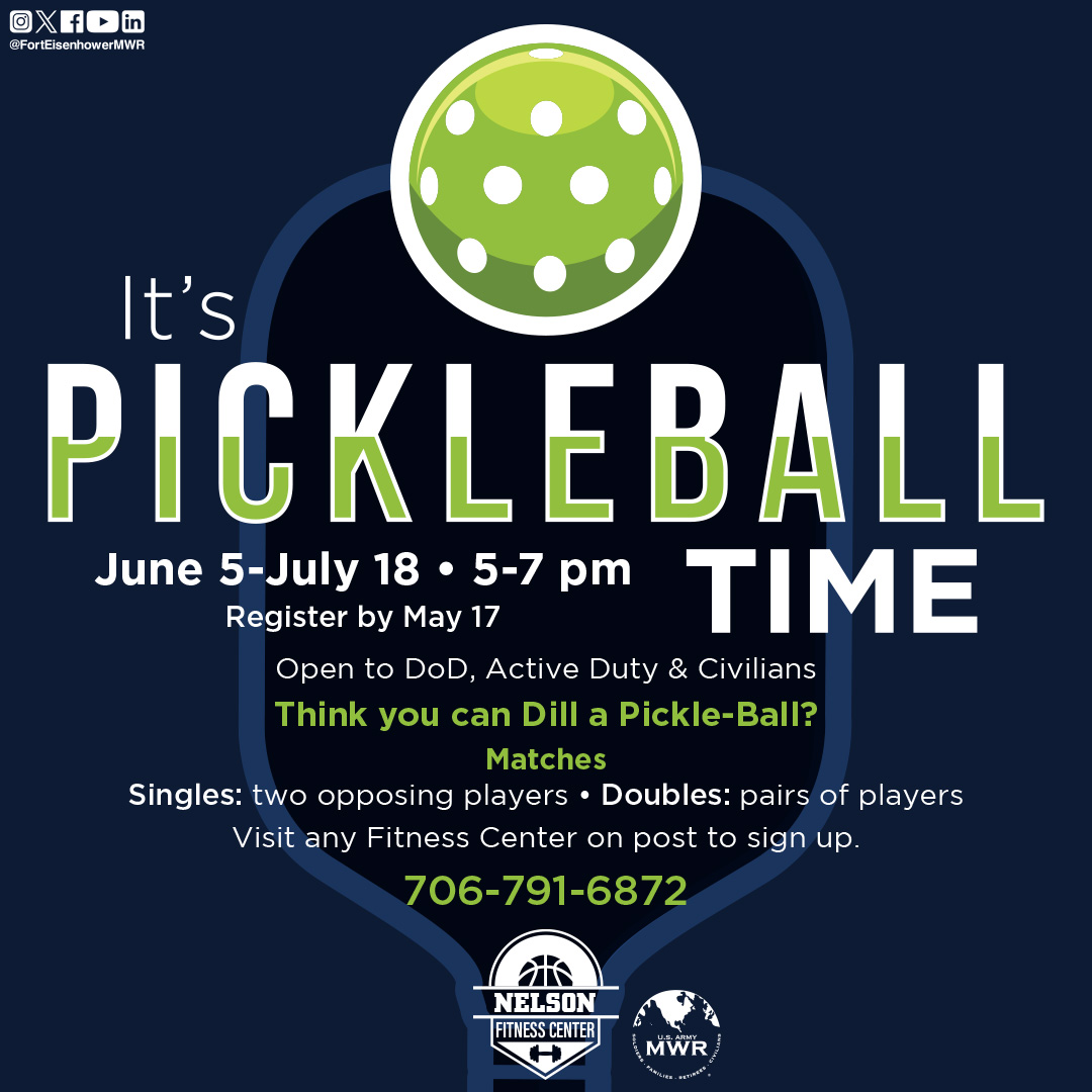 Pickleball is coming to Nelson Fitness Center! 

This new program is open to all DoD card holders! If you think you can dill a pickle-ball, then sign up now for this new program! Registration will close on the 17th, so call 706-791-6872.

#EisenhowerMWR #NelsonFitness #PickleBall