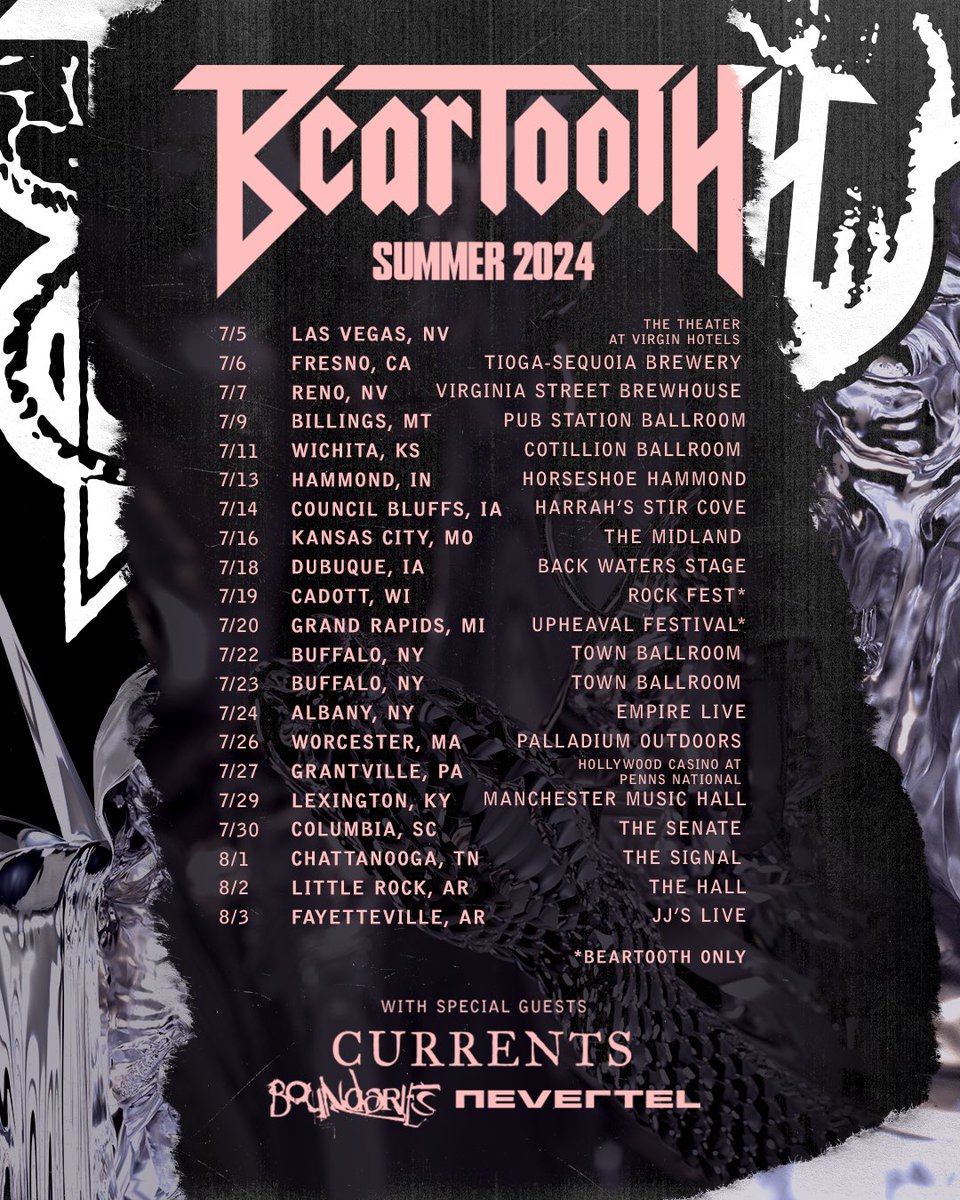 We’re pleased to announce that we’ll be joining @BEARTOOTHband on their US summer tour alongside @CurrentsCT and @nevertelUS . Venue pre-sale starts this afternoon at 2PM EST. General tickets are on sale Friday. See you this summer.