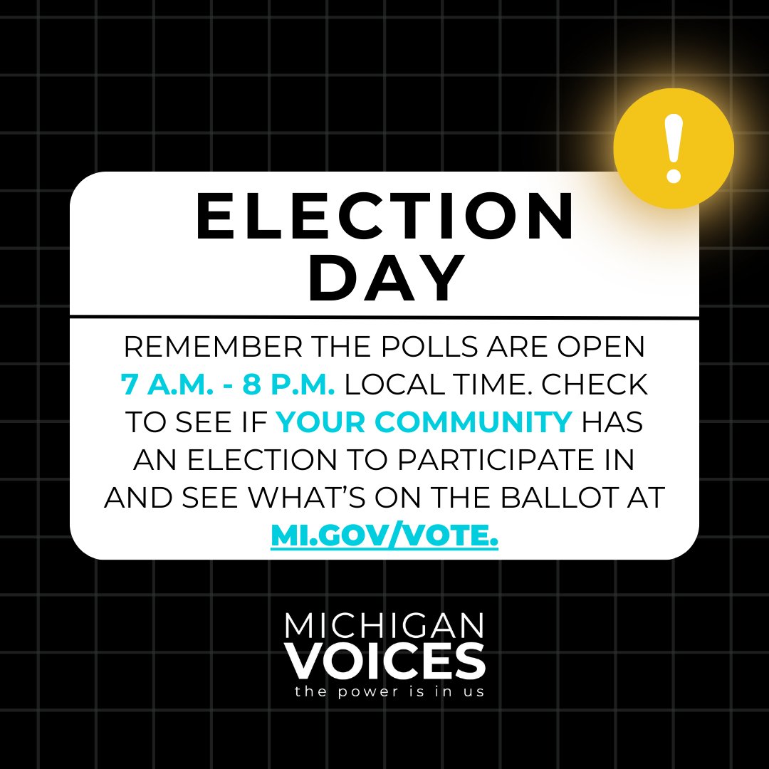 It's #ElectionDay! Check to see if your community has an election to participate in and see what’s on the ballot at mi.gov/vote. Participating in local elections builds power in local communities. #Vote #LocalElections #MichiganElections #MiVoting