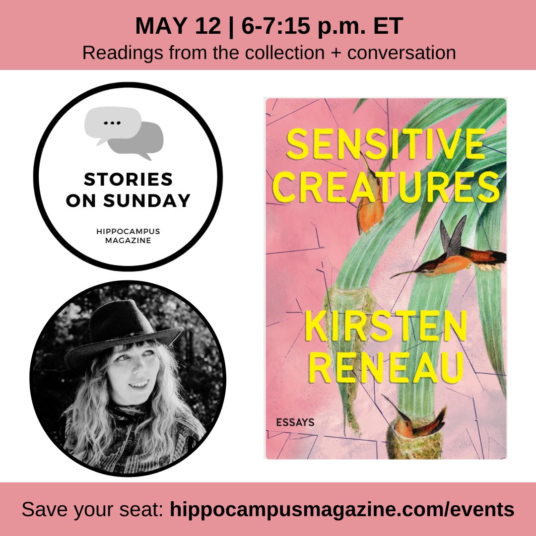 We're excited to talk cicadas, bar bathroom graffiti & all things personal essays w/ Kirsten Reneau (@reneauglow) at our May Stories on Sunday! Join us 5/12 at 6 ET (or register to get video). Free/pay-what-you-wish. (1/2) hippocampusmagazine.com/event/stories-…