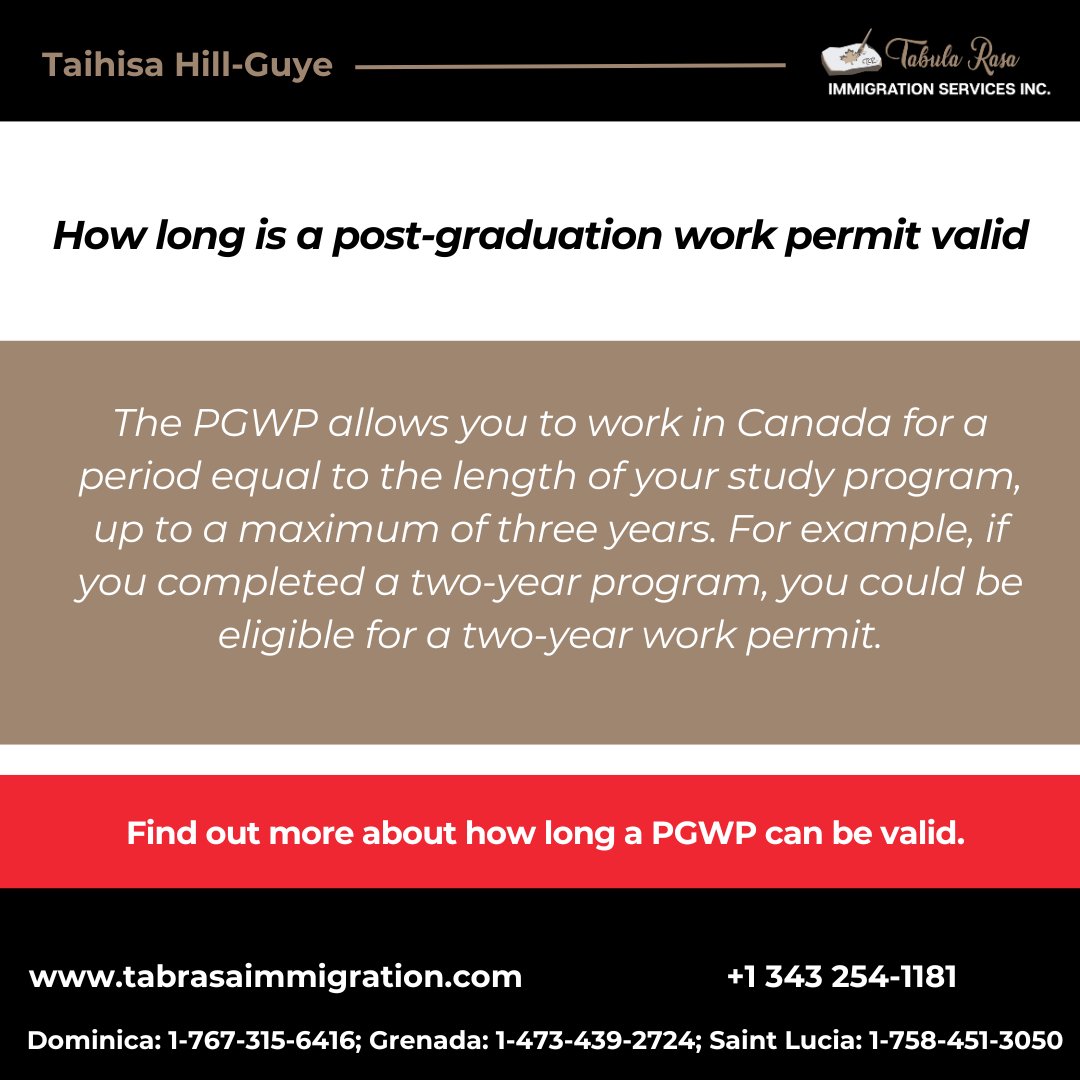 🍁 Did you know that the Post-Graduation Work Permit (PGWP) in Canada allows you to work for a period equal to the length of your study program, up to a maximum of three years? 🎓

#PGWP #WorkInCanada #StudyAbroad #CareerDevelopment #tabularasaimmigration🌟