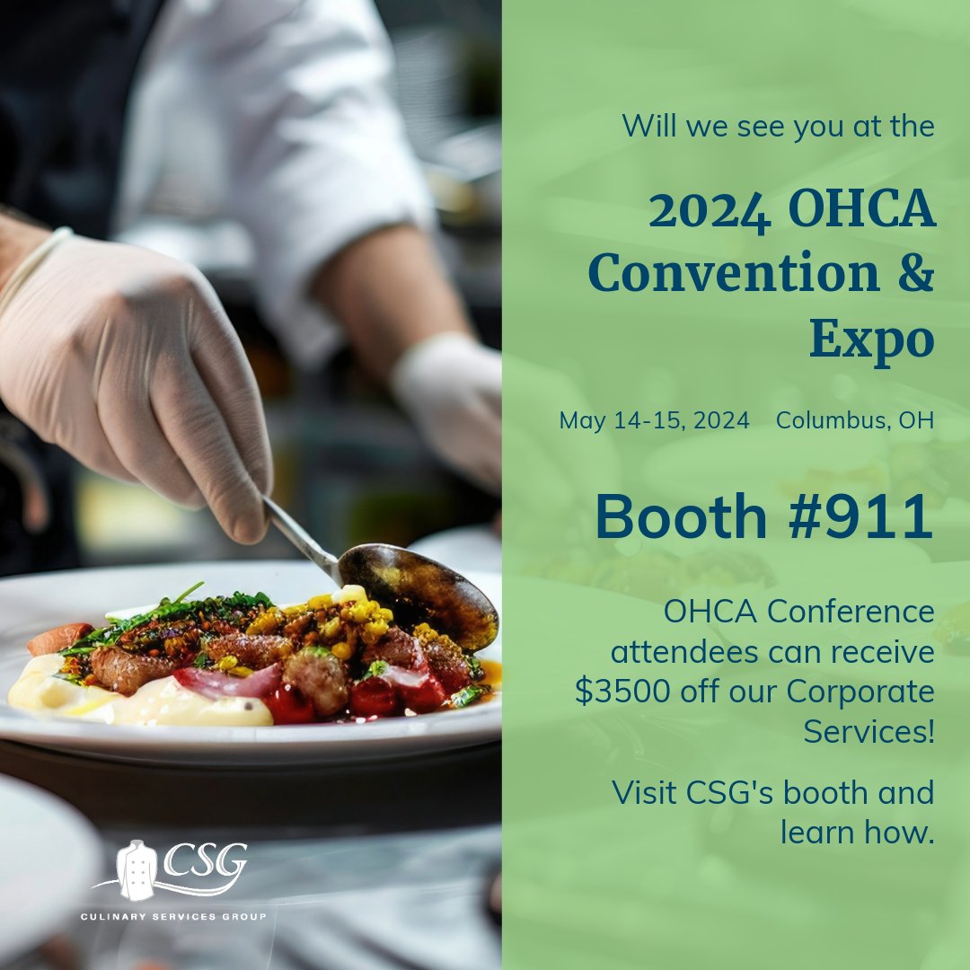 We're headed to the 2024 OHCA Convention and Expo in Columbus, OH next week! Stop by booth #911 to learn more about our fresh approach to food service.

#OHCA #foodservice #foodmanagement #seniorliving #seniorcare #culinaryservices #culinaryservicesgroup