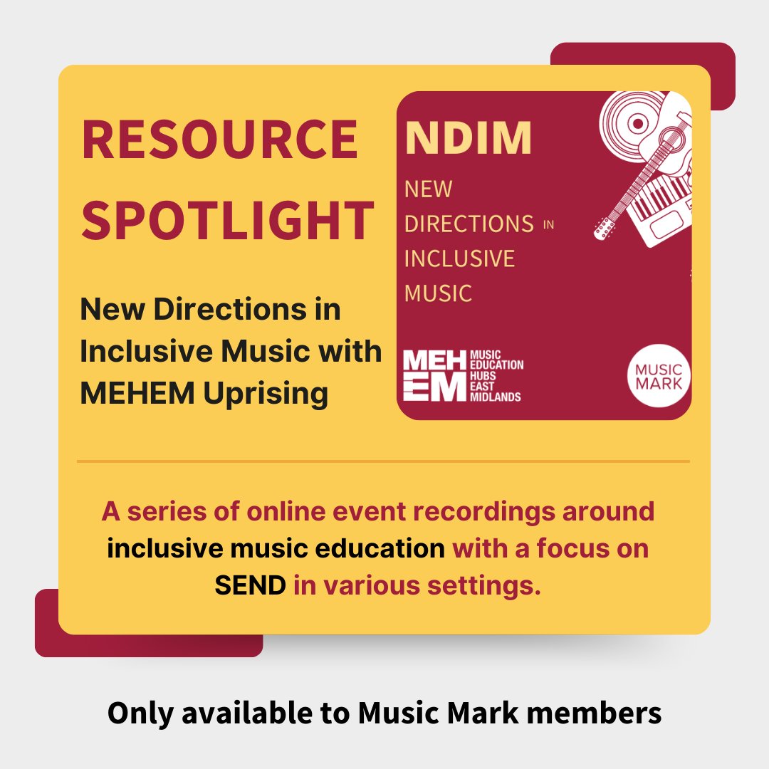 New Directions in Inclusive Music with @MEHEMuk may have finished, but you can still catch up on the recordings!

It features Inclusive Instrumental Teaching & Accessible Ensembles, Accessible Instruments, and Musical Play for pupils with PMLD.

See more: musicmark.org.uk/resources/new-…