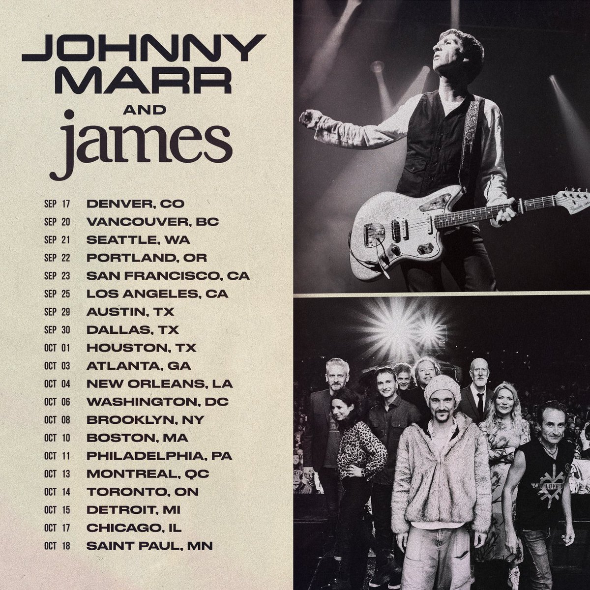 We're thrilled to announce our upcoming US and Canada tour, September - October 2024, where we'll be co-headlining with the incredible @Johnny_Marr!

General On sale: Friday 10th May at 10am (local time to the zone of each venue)