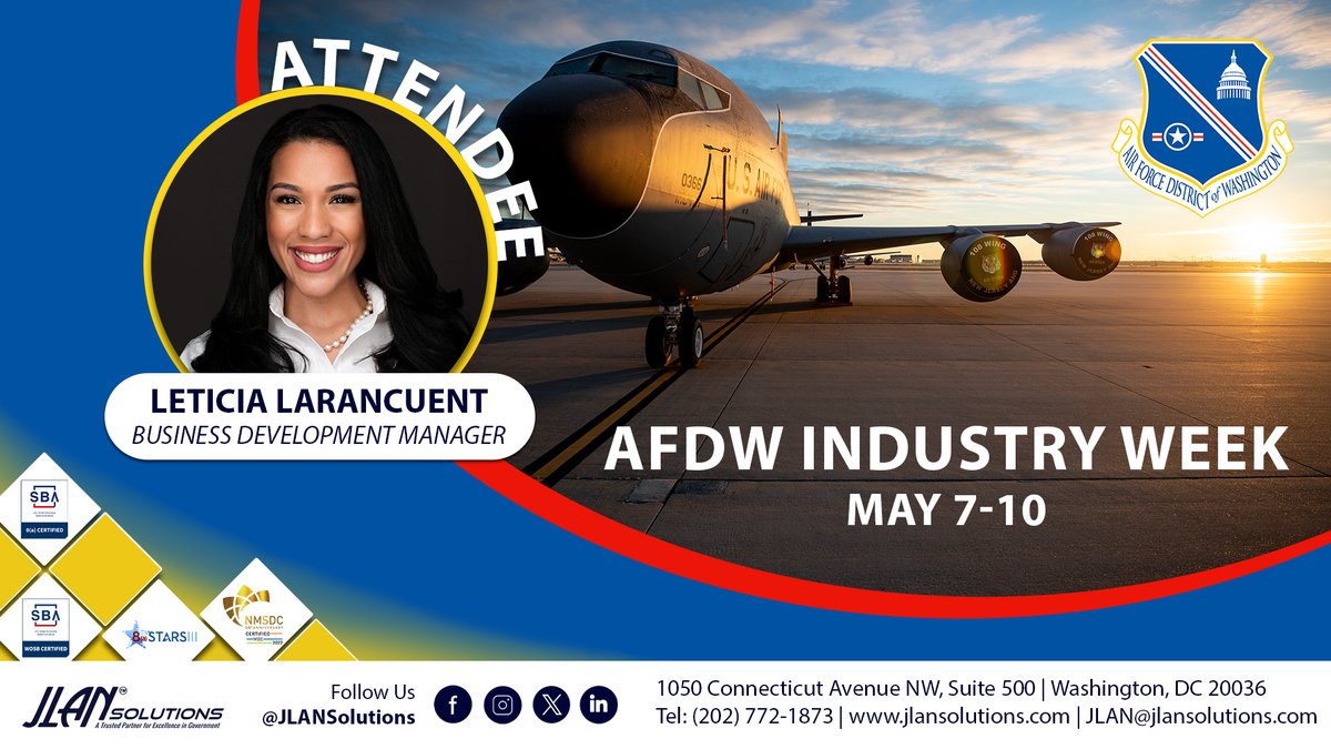 Our Business Development Manager, Leticia Larancuent, looks forward to attending the @AirForce_DW  #IndustryWeek from May 7-10. A great opportunity to better understand future Air Force needs and requirements and share our unique capabilities.

@usairforce  @USGSA 
#JLANSolutions