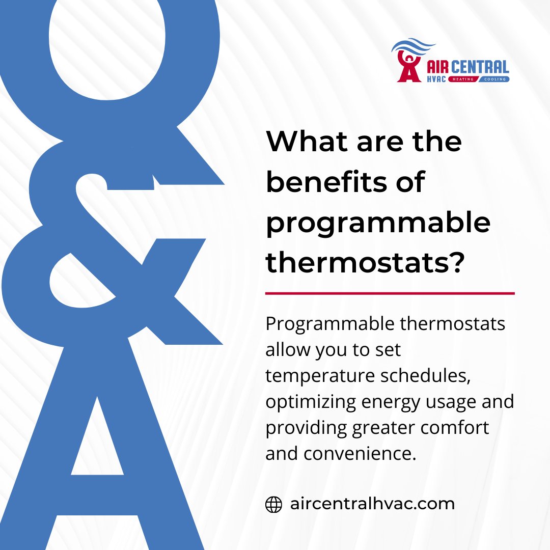 Programmable thermostats offer several advantages, such as allowing you to create a heating and cooling schedule that aligns with your lifestyle, leading to increased comfort. 

#aircentralhvac #garlandhvac #heatingandcooling #hvacservices #acrepair #heatpumps #homecomfort