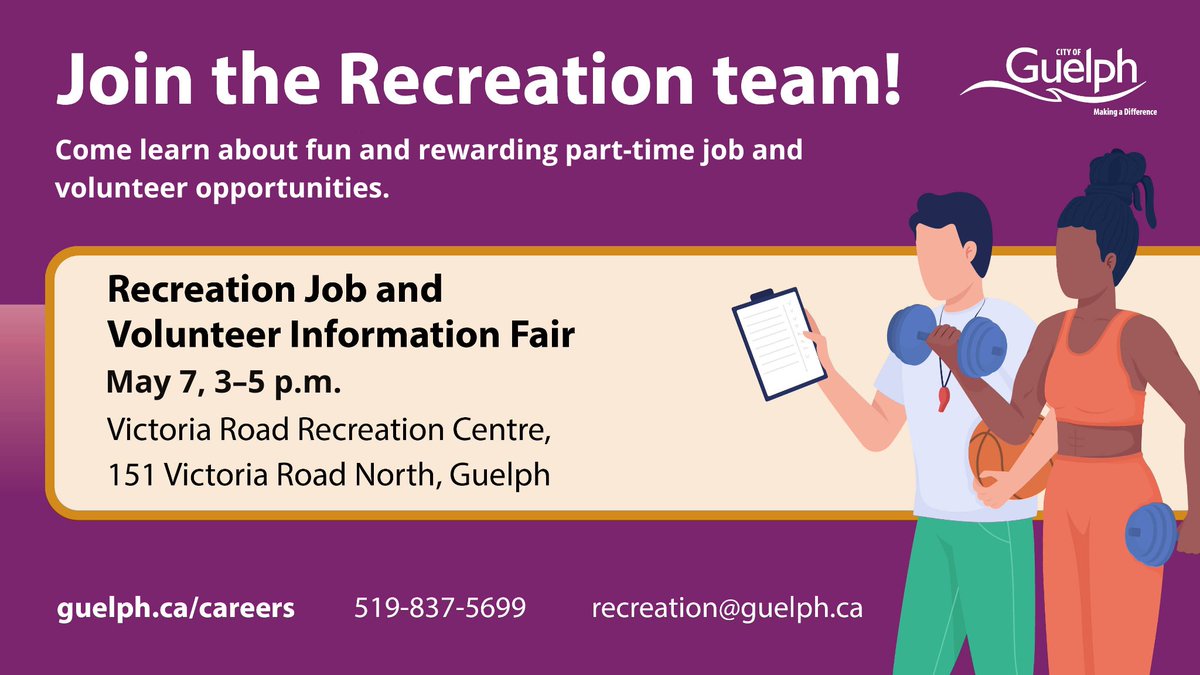 There are all kinds of volunteer and part-time work opportunities with the City of Guelph Recreation team! Join us at the Victoria Road Recreation Centre between 3 and 5 p.m. today to learn all about them!