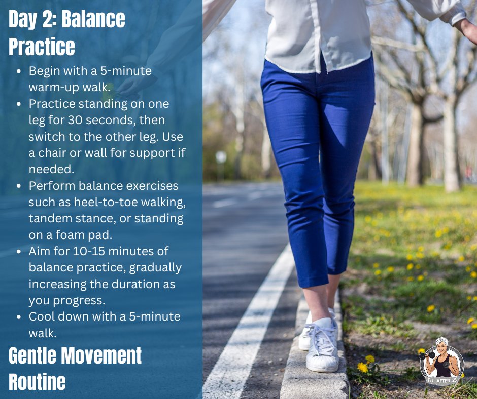 Day 2 of our Gentle Movement Routine: Balancing every step! 🌟 Warm up with a walk, then try one-leg stands and heel-to-toe walks. Strengthen stability and stride confidently! 💫 #BalancePractice #GentleMovement #StabilityGoals