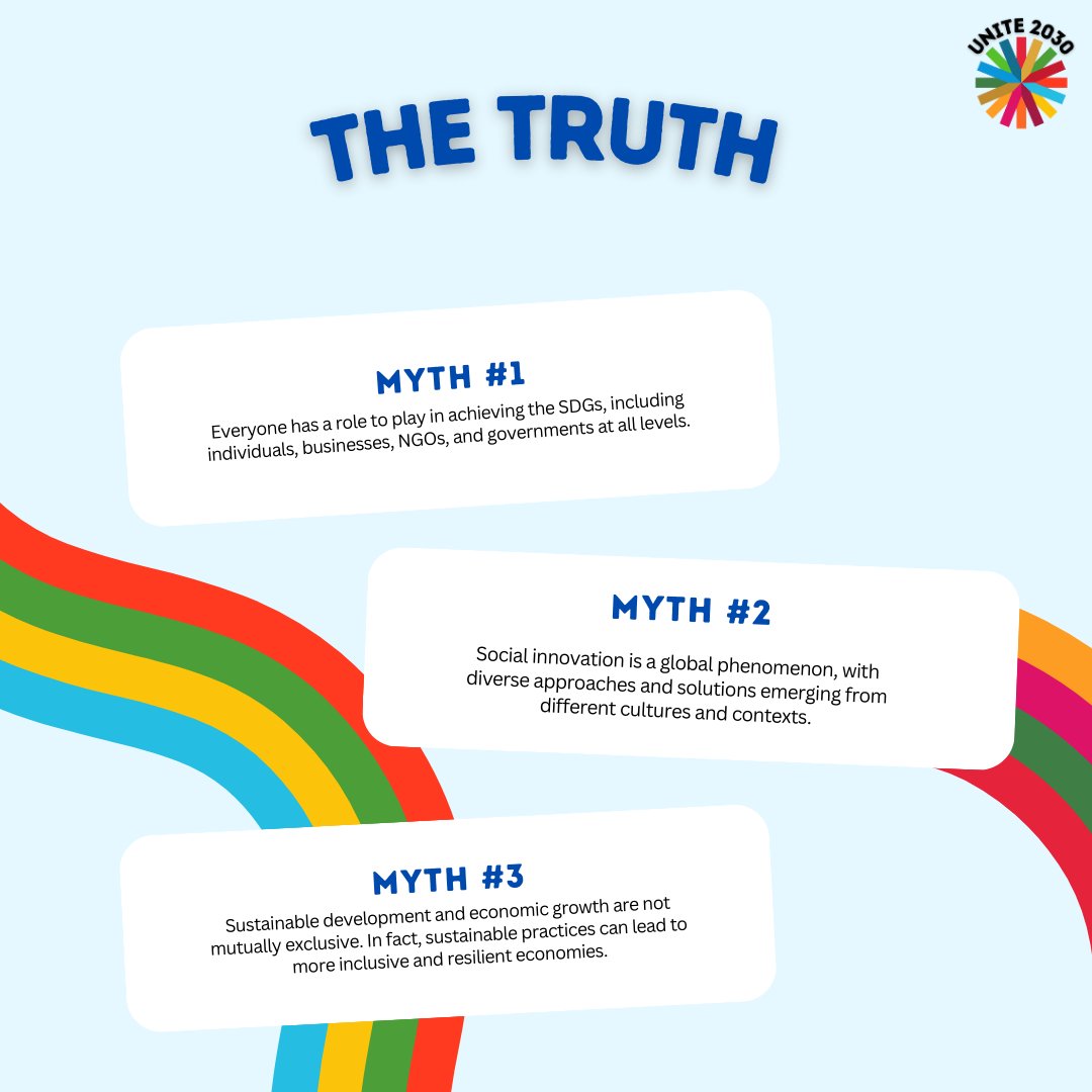 Breaking Myths, Embracing Truths: The SDGs are for everyone, social innovation knows no borders and sustainable development drives growth. Let's debunk misconceptions and work together for a better world! 🌏💫 #SDGs #MythBusters #GlobalGoals #UNITE2030
