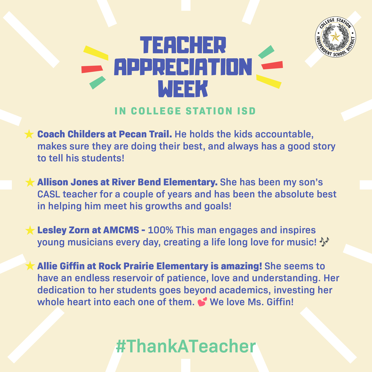 Hear it straight from the CSISD community: our teachers are truly AMAZING! Their dedication and passion are truly inspiring. Let us know why your favorite teachers are the BEST EVER! #TeacherAppreciationWeek #ThankATeacher #SuccessCSISD #CSISDBestTeacherEver