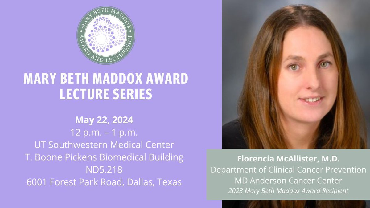 Join TAMEST and 2023 Mary Beth Maddox Award and Lectureship Recipient Florencia McAllister, M.D., @MDAndersonNews, on Wednesday, May 22, 2024, at @utswcancer, for a presentation on her groundbreaking cancer research. Learn more: buff.ly/44qabSF