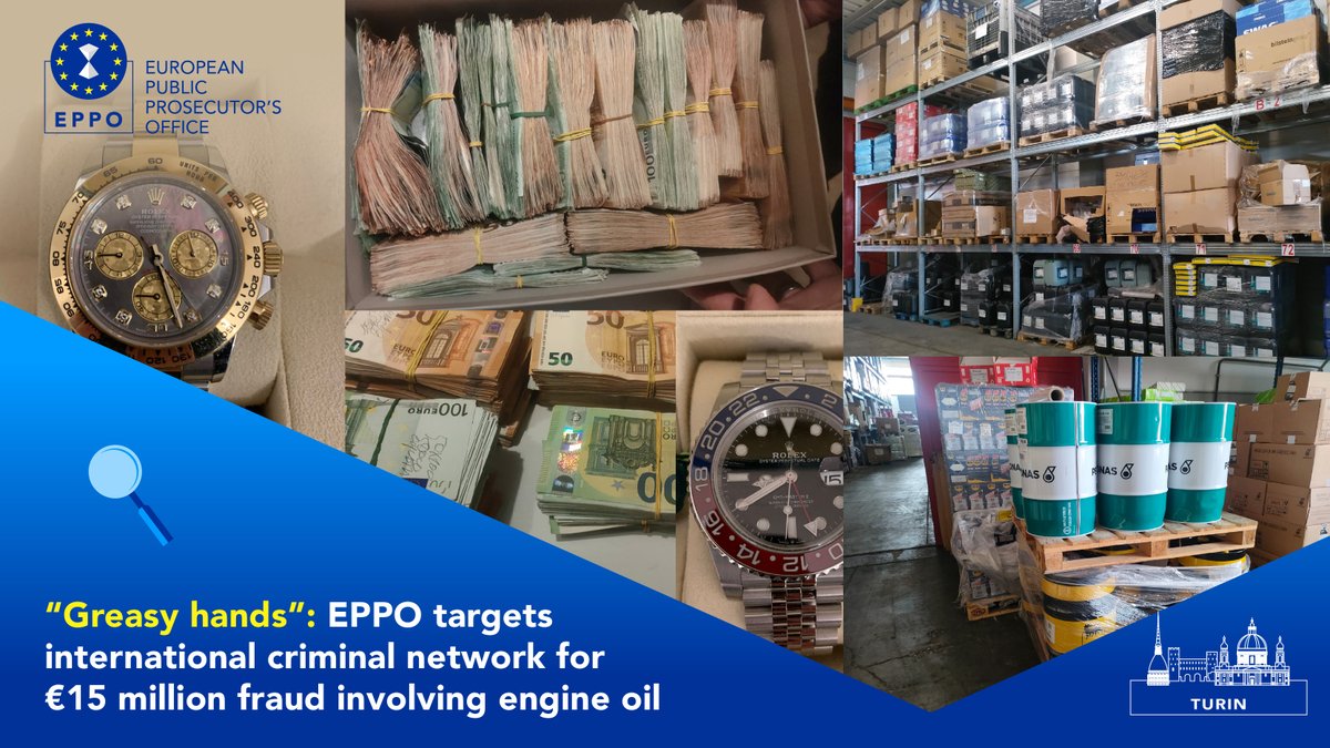 Investigation 'Greasy Hands': 14 arrests, 470 tonnes of lubricating oil seized. On our radar is a criminal organisation alleged to have imported vehicle lubricants into Italy 🇮🇹 while evading VAT. A freezing order of €15.4 million is being executed. 👉 eppo.europa.eu/en/news/greasy…