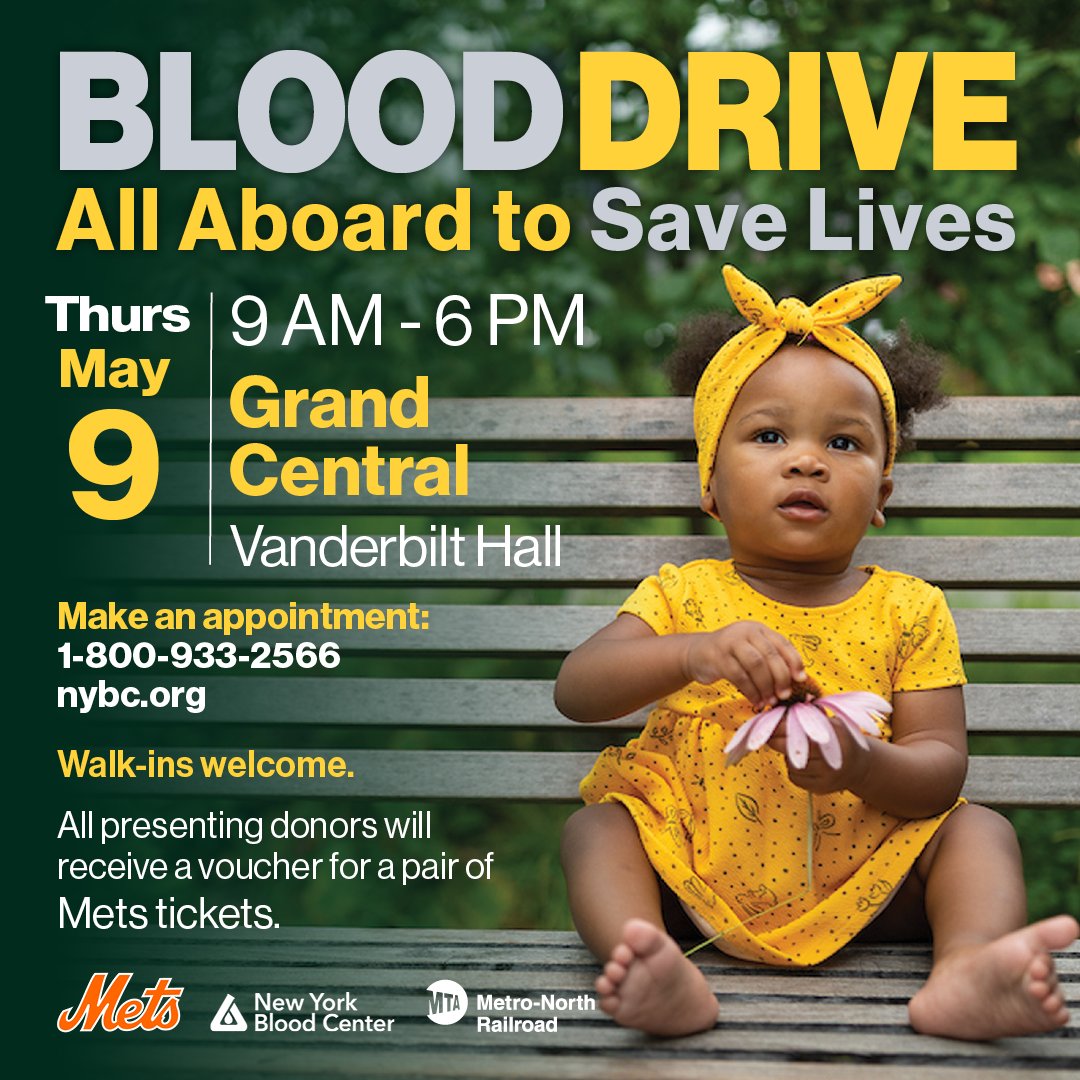 All aboard to save lives! Join us at Vanderbilt Hall in Grand Central for our blood drive—make an appointment, or walk in! You'll receive a voucher for a pair of @Mets tickets for participating.