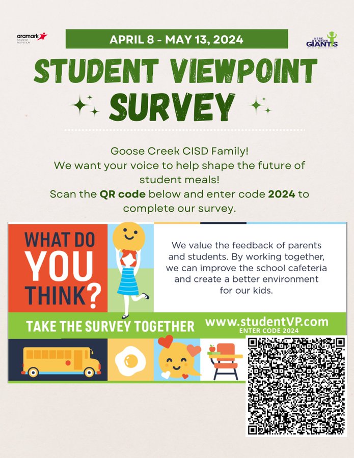 👀 Attention #gcGIANTS families!
🙌Help us make lunch GIANT-sized awesome! Scan the QR code below and use code 2024 in our student nutrition survey. @GCCISD @AramarkSN